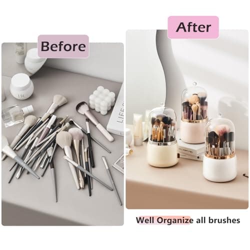 Makeup Brush Holder Organizer with Lid 360 Rotating Dustproof Makeup Brushes Organizer for Vanity (Pearl White)