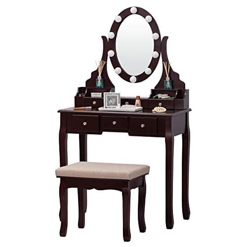Fineboard Dressing Table with Stool and LED Lights with 5 Drawers and Mirror, Brown