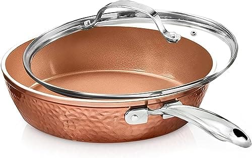 Gotham Steel 12" Nonstick Fry Pan with Lid - Hammered Copper Collection Premium Aluminum Cookware with Stainless Steel Handle, Induction Plate for Even Heating - Dishwasher & Oven Safe