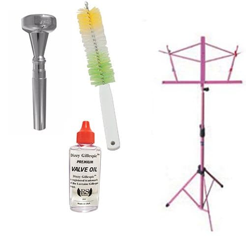 Dizzy Gillespie Elite Series Trumpet Mouthpiece Pack w/Dizzy Gillespie Trumpet Valve Oil & Valve Casing Brush + Pink Music Stand