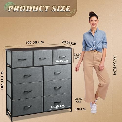 WLIVE Chest of Drawers, 9 Fabric Drawers Cabinet with Easy Pull Handle, Wood Top and Sturdy Steel Frame for Bedroom, Living Room, Dark grey