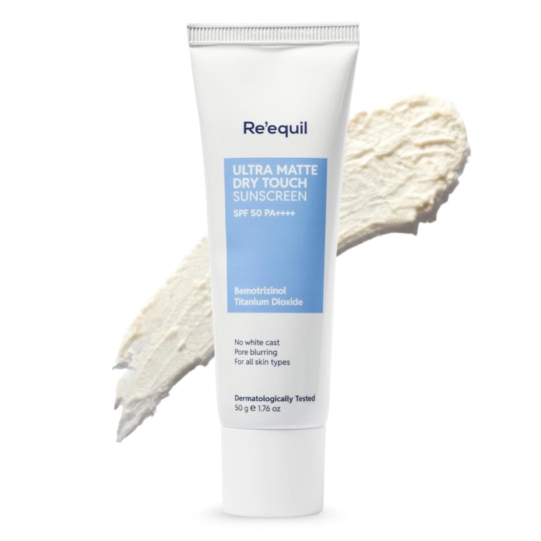 RE' EQUIL Ultra Matte Dry Touch Sunscreen | SPF 50 PA++++ | Water & Sweat Resistant | No White Cast Non-Greasy & Non-Comedogenic | For All Skin Types | 50G