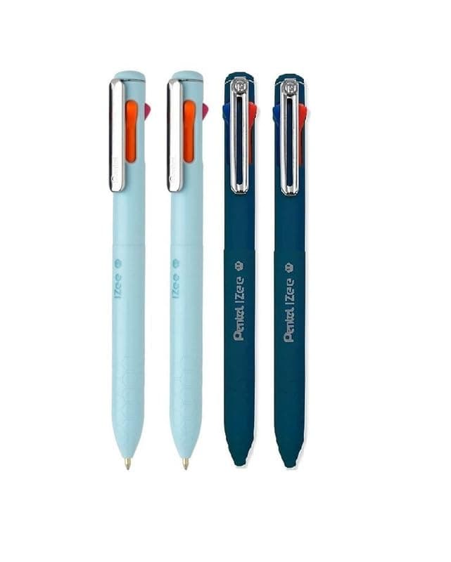 iZee 4 in 1 Color 1.0mm Ballpoint Pen Combo | Attractive Honeycomb Finger Grip with Smooth Flowing, Oil Base Ink | Dark Blue Barrel & Light Blue Barrel | Multicolour Ink, Pack of 4