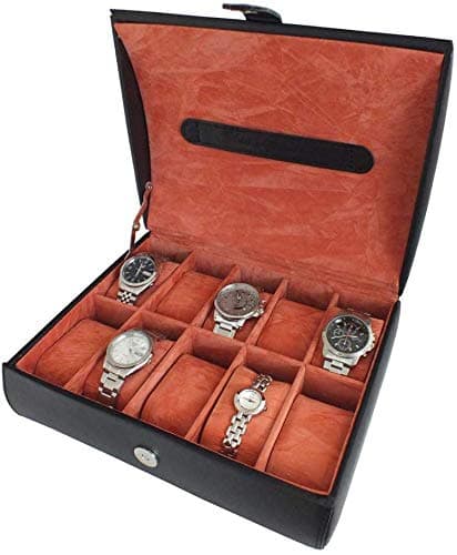 Gents Black PU Leather 10 Watch Storage Case Organiser Box with Bronze Interior