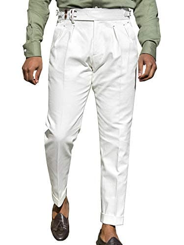Bbalizko Mens Casual Gurkha Pants Buckle Button Waist Pleated Tapered Cotton Trousers White