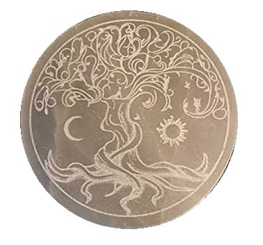 3" Tree of life Etched Selenite Charging Plate, Charge your crystals, Ethically mined, Etched in Appleton WI USA