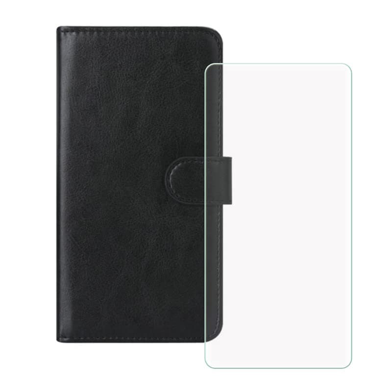 FZYM PU Leather Wallet Flip Protective Case for Osom Solana Saga (6.67") + Screen Protector Film Tempered Glass, Magnetic Flip Cover with Card Slots and Stand Shell - Black