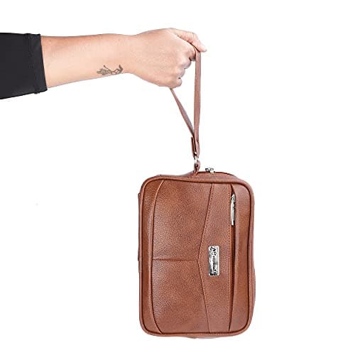 NFI essentials Mens Pouch Multipurpose Leather Toiletry Bag Wrist Hand Bag for Cash Money Carrying Purpose
