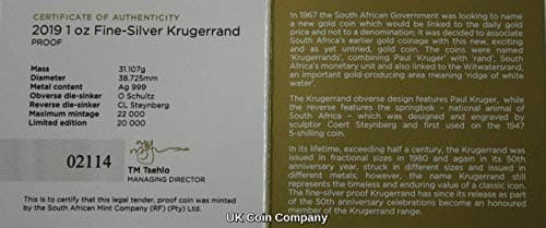 2019 South Africa Fine Silver Proof Krugerrand Coin Boxed Certificate