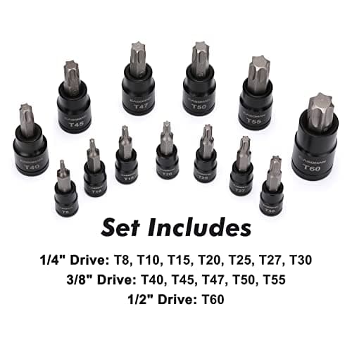 CASOMAN 25 Piece Torx Bit Socket and Female External Socket Set, 13 Star Socket Bits (T8- T60)& 12 Female E-Torx Sockets (E4-E22)