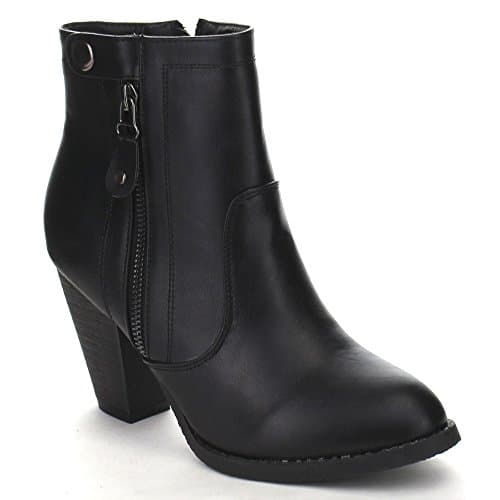 FASHION FOCUS PALMA-1 Women's Chic Double Zipper Button Detailing Chunky Booties, Color:BLACK, Size:6.5