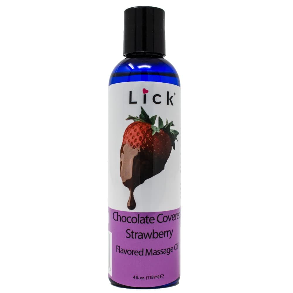 Lick Chocolate-Covered Strawberry Flavored Massage Oil - Edible Full-Body Massage Oil - Soothing, Non-Greasy Formula With Vit E, Fractionated Coconut Oil, Sweet Almond Oil - Vegan, No Sugar - 4 Fl. Oz