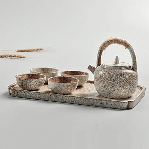 QGT Portable Travel Ceramics Loop Handle Pot Teapot Teacup Set with Tea Tray (Black) (Color : White)
