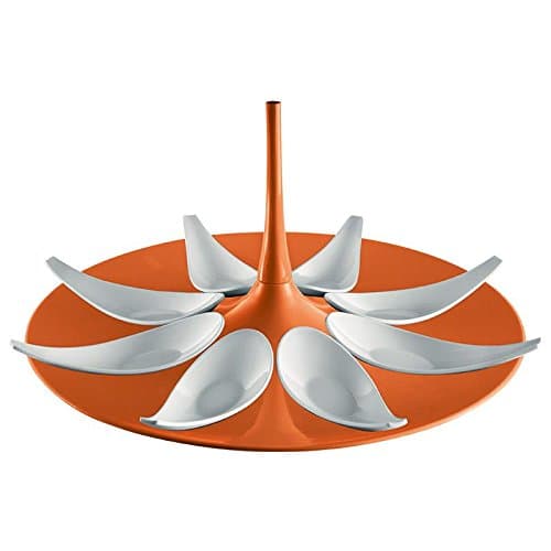 Mebel EN16-M00MV-ORA Finger Food Set with a Round Orange Base and Handle Including 8 White Spoons