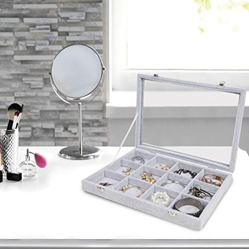 Belle Vous Grey Velvet Jewellery Organiser Display Case Storage Box with 12 Sections & Glass Lid Stackable Tray for Drawer - Adjustable Storage Grids for Rings, Necklaces, Bracelets, Earrings, Watches