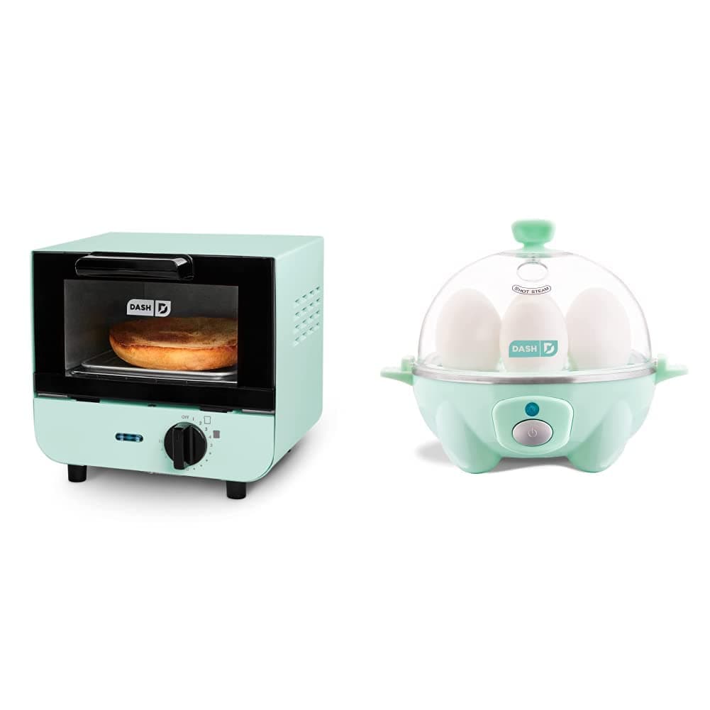 DASH Mini Toaster Oven Cooker for Bread, Bagels, Cookies, Pizza, Paninis & More with Baking Tray,Aqua & Rapid Egg Cooker: 6 Egg Capacity Electric Egg Cooker for Hard Boiled Eggs,Aqua, 5.5 Inch