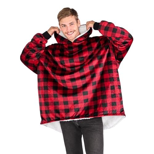 Bare Home Wearable Blanket B-Cozy Hoodie - Soft Plush Sherpa - Warm and Cozy - Oversized Wearable Blanket - Adult & Kid Sizes, 23 - Buffalo Plaid - Red/Black, Adult