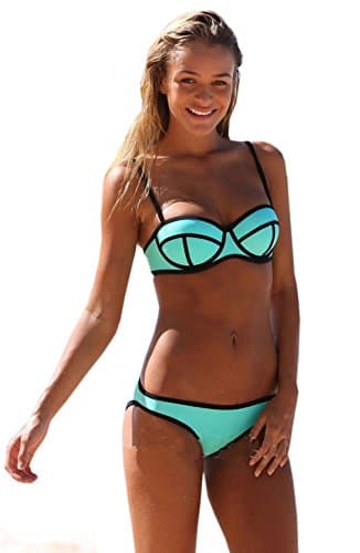 Skins4th Women Neoprene Triangle Neon Push Up Tank Bathing Suit Bikini, Blue XL