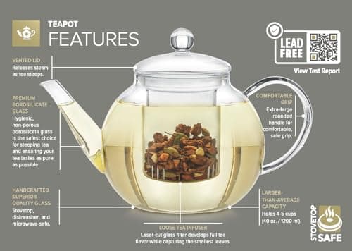 Teabloom Stovetop & Microwave Safe Glass Teapot (40oz) with Removable Loose Tea Glass Infuser - Includes 2 Blooming Tea - 2 in 1 Tea Kettle and Tea Maker