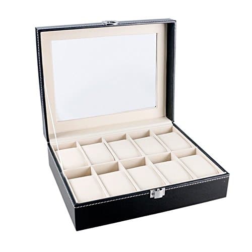 Forlei 10 Slot/Grid Watch Box PU Leather Watch Case Glass Top Jewelry Case Organizer with Metal Lock