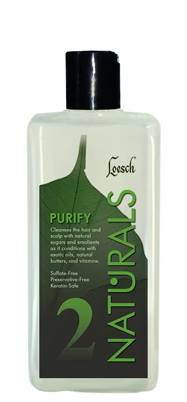 10 oz Loesch Naturals Purify Step 2, an advanced shampoo that cleanses the hair and scalp with all natural ingredients, sulfate-free and preservative-free.