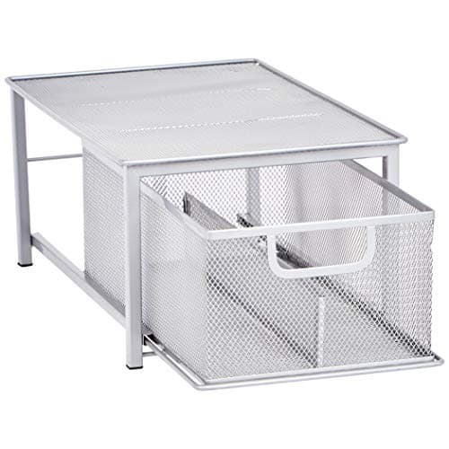 Amazon Basics Mesh Sliding Basket with 1 Drawer Storage Shelf Organizer, 1 Unit, Silver