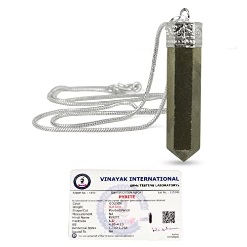 Reiki Crystal Products AAA Certified Natural Pyrite Pendant Crystal Stone Pencil Pendant with Metal Chain for Reiki Healing and Crystal Healing Stones for Unisex (Color : Golden)