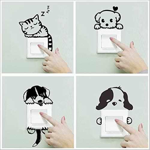 4pcs Light Switch Decals Cartoon Little Black Cat Dog Pet Animal Pattern Wall Switch Decoration Sticker Removable Switch Paste