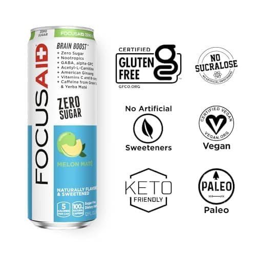 FOCUSAID ZERO SUGAR Energy Blend, Nootropics, Alpha-GPC, GABA, B-Complex, Yerba Mate, Green Tea, 100mg Natural Caffeine, Keto-Friendly, No Artificial Flavors or Sweeteners, 12 Fl Oz (Pack of 24)