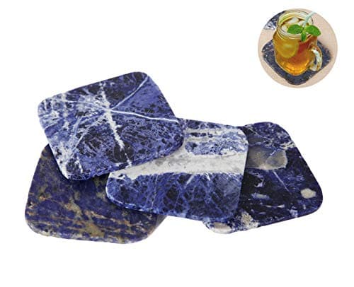 AMOYSTONE Set of 4 Natural Stone Coasters Square Blue Sodalite Cup Mat Plate for Drinks with Rubber Bumper 3.5" Home Decoration