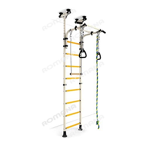 Kids Playground for The Floor - Ceiling/Indoor Gym Training Sport Set with Trapeze Bar Swing, Climber, Climbing Jump Rope, Gymnastic Rings/Suit for Backyard, School and Playroom/Comet 5 (White)