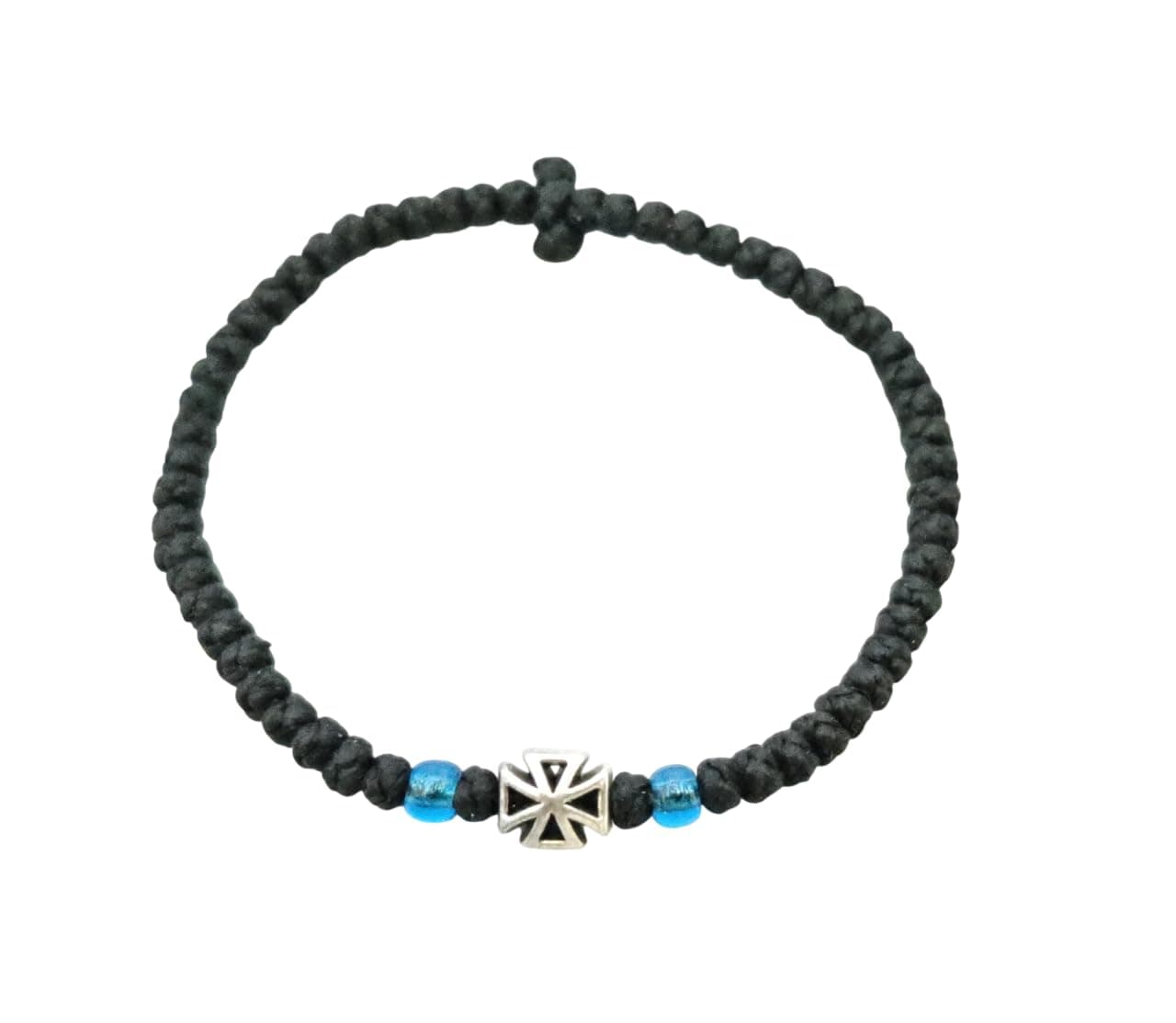 Blessed Handmade Greek Christian Orthodox Waxed Prayer Rope from Mt.Athos (Komboskoini Chotki) Thin Black with cross and beads Fragrance With Holy (Chrism- Myrrh)