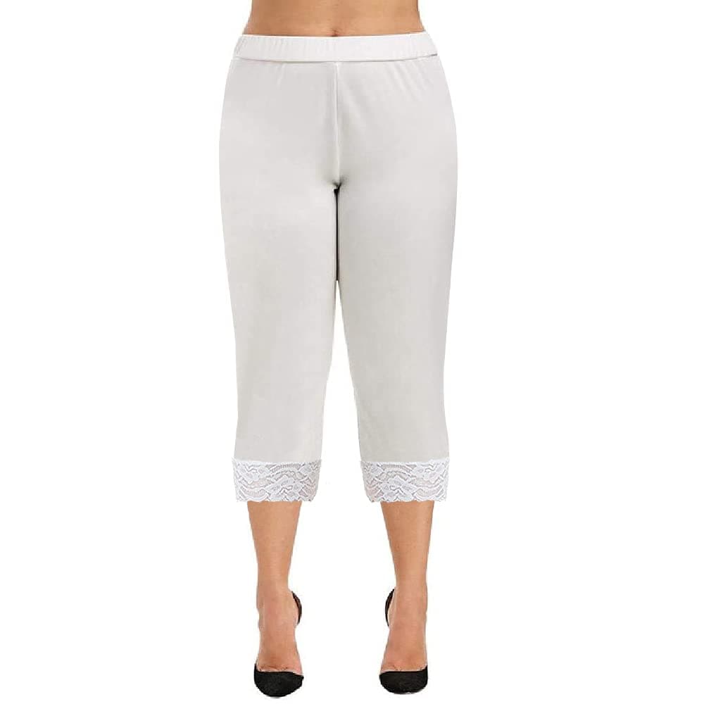 Ladies Womens Cropped 3/4 Length Leggings with Lace Trim Edges Stretch Trouser Pants Jeggings Plus Size