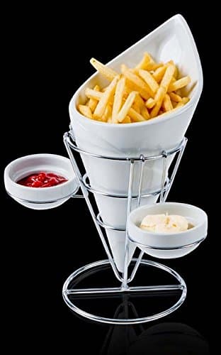 Evviva: Porcelain French Fries Coneholder with Metal Base and Condiment Cups for Sauces [ Italian Import ]