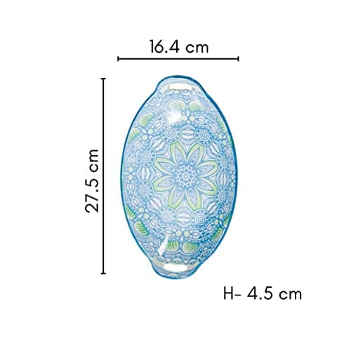 Nestasia Blue and Green Mandala Ceramic Long Dish with Handles for Serving Snacks, Appetizers, Salads, and Noodles| Microwave Safe, Dishwasher Safe (10.8 Inch)