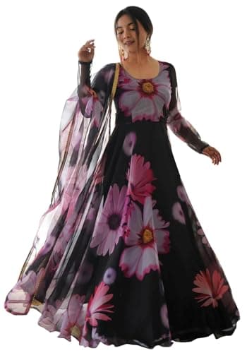 Shasmi Women's Stylish Floral Printed Orgenza Anarkali Dress Gown, Kurta with Dupatta Set Anarkali Floral Printed Gown with Dupatta
