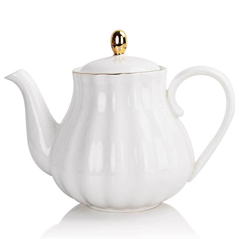 Sweejar Home Royal Teapot, Ceramic Tea Pot with Removable Stainless Steel Infuser, Blooming & Loose Leaf Teapot - 28 Ounce(White)