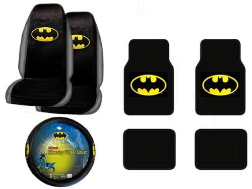 A Set of 4 Universal Fit Batman Plush Carpet Floor Mats and 1 Comfort Grip Steering Wheel Cover and A Set of 2 Universal Fit Seat Covers