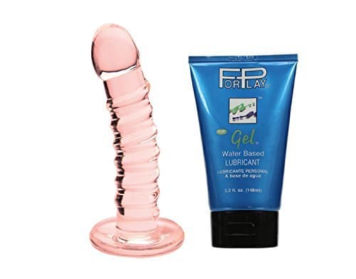 New Spartacus Blown Basic Curved with Twist 6 inch Harness Ready Glass Dong Pink with Free Long Lasting Water-based Personal Lubricant Forplay Gel 5.2 Oz