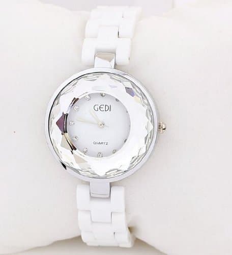 Enreach Crystal-accented Multiple Facets Ceramic Bracelet Watch J675 (Silver)