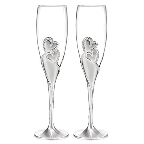 Wedding Toasting Flutes, Sparkling Love Design, Champagne Flutes for Bride and Groom, Set of 2, Silver