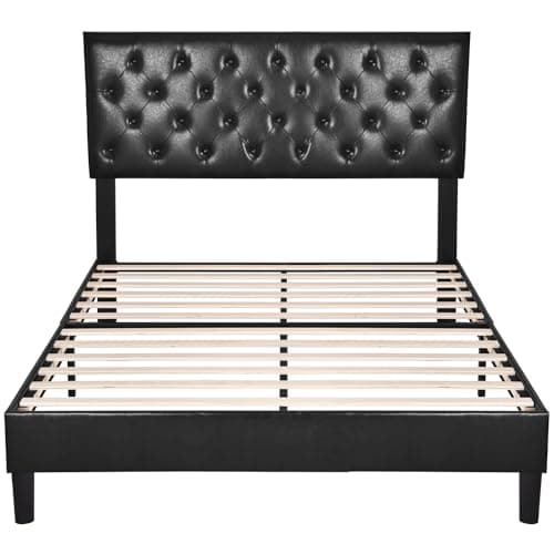 Allewie Queen Size Platform Bed Frame, Adjustable Faux Leather Headboard with Diamond Stitch and Button Tufted, Sturdy Wood Slats, Easy-Assembly, No Box Spring Needed, Deep Black