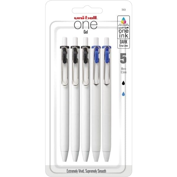 One Retractable Gel Pens, Micro Point, 0.5 mm, White Barrel, Black/Blue Ink, Pack Of 5 Pens