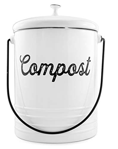 AuldHome White Enamelware Compost Can, Farmhouse Compost Bin Set with Lid and Charcoal Filters