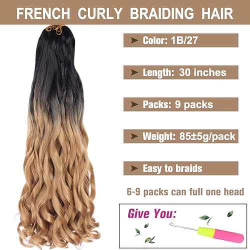 COOKOO 30 Inch 9 Packs Ombre Blonde French Curl Braiding Hair for Women Pre Stretched Curly Braiding Hair for Goddess Box Braid Crochet Hair French Curl Crochet Braids Synthetic Hair Extensions 1B/27#