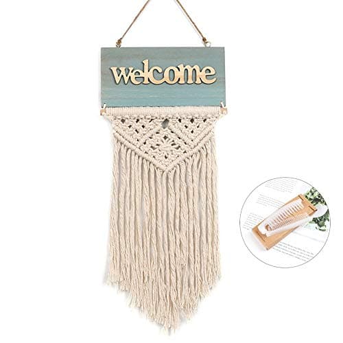 Alynsehom Macrame Wall Hanging Welcome Tapestry Handmade Wood Welcome Sign for Front Door Woven Fringe Wall Pediments Boho Chic Party Decors Bohemian Wedding Backdrop 25.6" x 11.8"