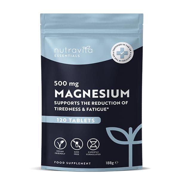 Magnesium Supplements 500mg - 120 Vegan High Strength Tablets – 4 Month Supply – Supports Muscle Function, Tiredness, Energy, Bones, Nervous System - Letterbox Friendly - UK Made
