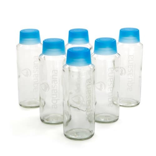 AquasanaGlass Water Bottles and BPA Free Lid, 18-oz, 6-pack, White, blue