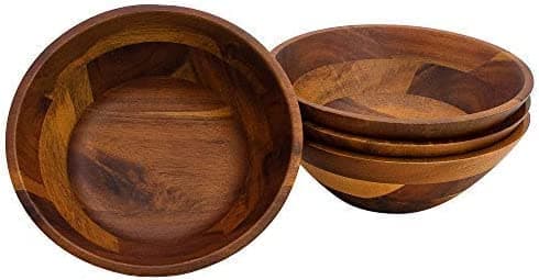 Aidea 7-Inch Acacia Wooden Salad Bowls - Set of 4 Bowls for Cereal Fruit Pasta Acacia Wood Bowl Set