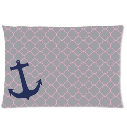 Ackershop Grey and Pink Moroccan Tile Quatrefoil with Anchor pattern pillowcase 20 X 30 inch Zippered Pillow Case two sides printing Plush fabrics (custom Personalized pillowcase) by Ackershop